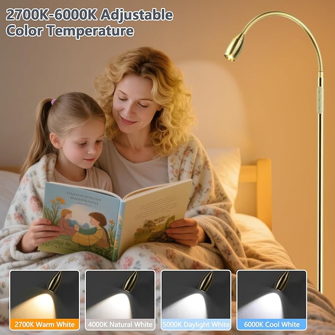 Reading Floor Lamp, 72" Tall LED Lamp with Flexible Gooseneck, Dimmable Zoomable Spotlight, Adjustable Color Beam Standing Lamp, Touch & Remote Control, Task Craft Bedroom Living Room (Light Gold) - Bloomnest