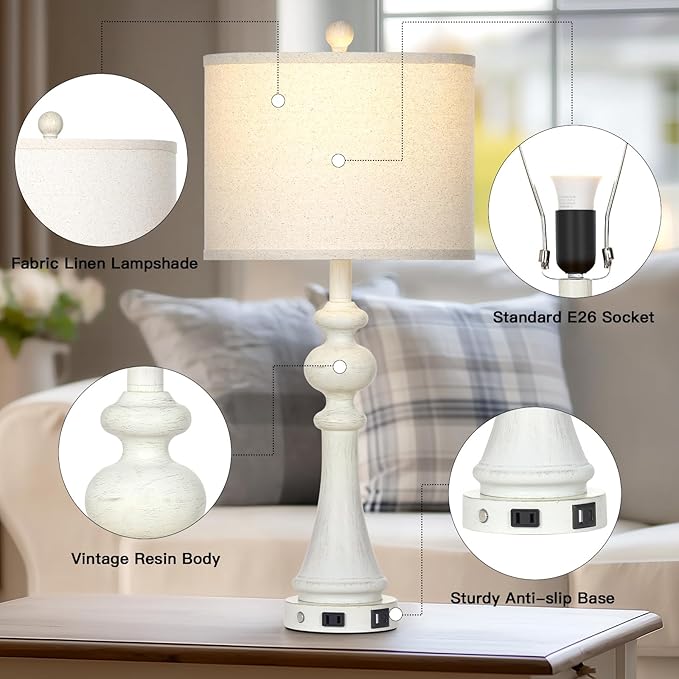 28" Farmhouse Table Lamps Set of 2, Vintage Bedside Lamps with USB A+C Charging Ports & AC Outlet, 3-Way Dimmable Touch Control Nightstand Lamp for Living Room Bedroom Wash White(2 LED Bulbs Included) - Bloomnest