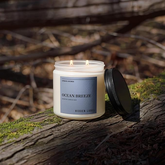 Hidden Label Ocean Breeze Scented Candle, 12oz 2 Wick Natural Soy Non Toxic Candles, Clean Burning Long Lasting Aromatherapy for Home | Gifts | Décor,Premium Scents for Relaxation & Stress Relief - Bloomnest