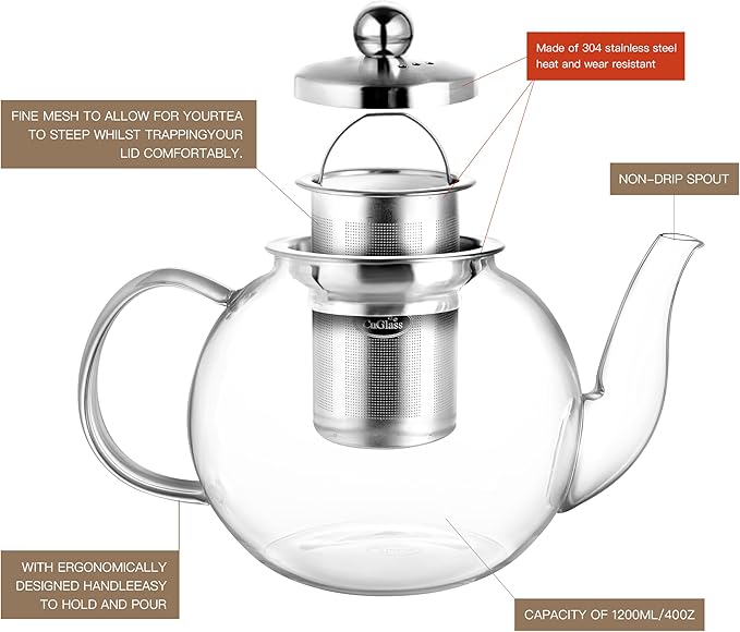 CNGLASS 40oz Glass Teapot with Removable Infuser,Clear Tea Kettle Stovetop Safe,Blooming and Loose Leaf Tea Maker Set - Bloomnest