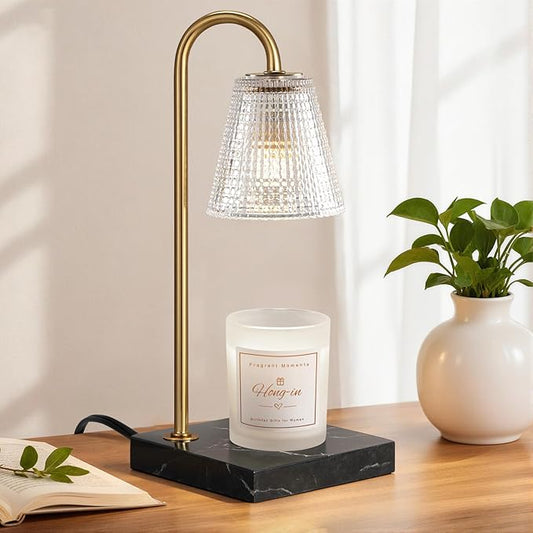 Hong-in Modern Gold Candle Warmer Lamp with Black Marble Base, Glass Shade Electric Candle Melter for Scented Candles, Stylish Home Kitchen Decor & Gift for Women