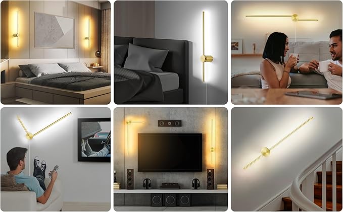 Wall Sconces Set of Two with Remote, Stepless Colors 3000K-6500K & Stepless Dimming, Hardwire or Plug-in, 180° Rotate, LED Gold Plug in Wall Sconces with Timer & Night Light, 23.6 Inches - Bloomnest