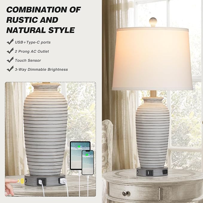 25" Farmhouse Jar Table Lamps Set of 2, 3 Way Touch Control Rustic Bedside Lamps with USB A+C Ports & AC Outlet, Pot Nightstand Lamps for Bedroom Living Room (LED Bulbs Included) - Bloomnest