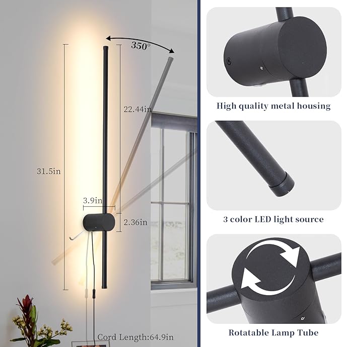 Dimmable Plug in Wall Sconce Set of 2,Black 31.5" LED Wall Light with Remote,Adjustable Color Temperature Brightness,Wall lamp with Timer for Living Room,Bedroom and Accent Lighting - Bloomnest