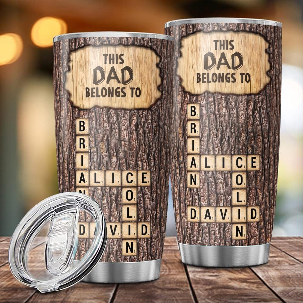 Personalized Crossword Tumbler for Dad, Custom 20oz & 30oz Stainless Steel Insulated Mug with Kids’ Names, Rustic Wood Design, Unique Father’s Day Gift for Dad, Husband or Grandpa