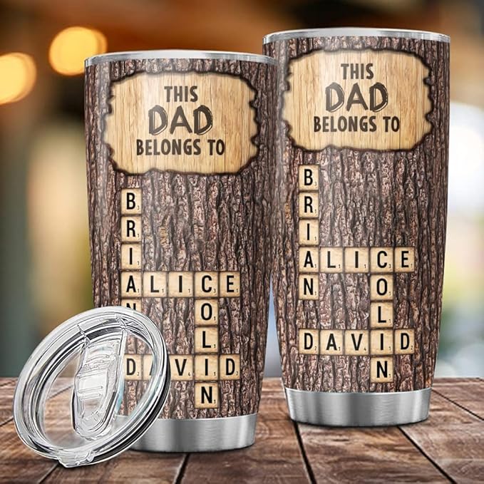 Personalized Crossword Tumbler for Dad, Custom 20oz & 30oz Stainless Steel Insulated Mug with Kids’ Names, Rustic Wood Design, Unique Father’s Day Gift for Dad, Husband or Grandpa - Bloomnest