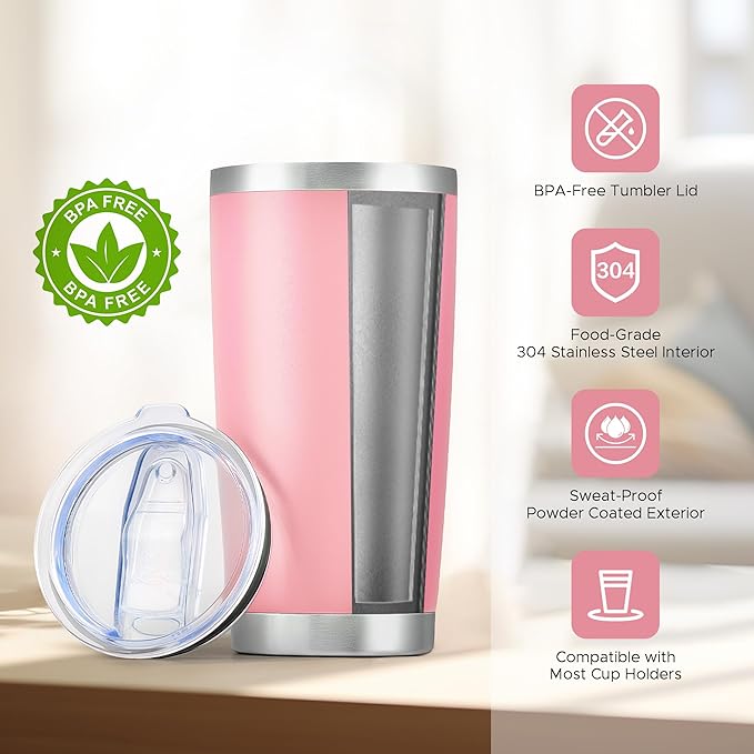 OMTech 20oz Tumblers Bulk, 6pc Stainless Steel Tumbler Set with Lid & Straw, Double Wall Vacuum Insulated Mug for Laser Engraver, Travel Coffee Mug for Hot & Cold Drinks, Pink Powder Coated Cup - Bloomnest