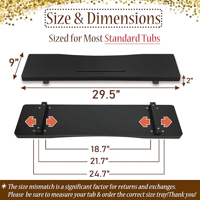 Stylish Black Bamboo Bathtub Tray Caddy with Adjustable Legs, Minimalistic Design Bath Tray for Tub, Bathtub Accessories, Fit Standard and Against Wall Bath Tubs, Gift Idea for Women - Bloomnest