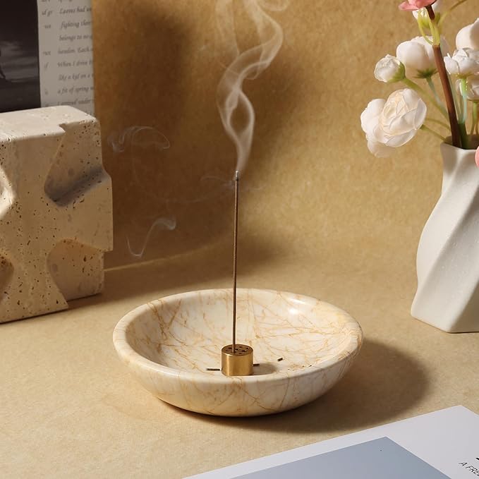 Koville Natural Marble Incense Holder, Incense Holder for Sticks with 9 Holes, Handmade Incense Burner Ash Catcher for Meditation Yoga SPA, Balsam Fir/Palo Santo/Sage/Cone (Gold) - Bloomnest