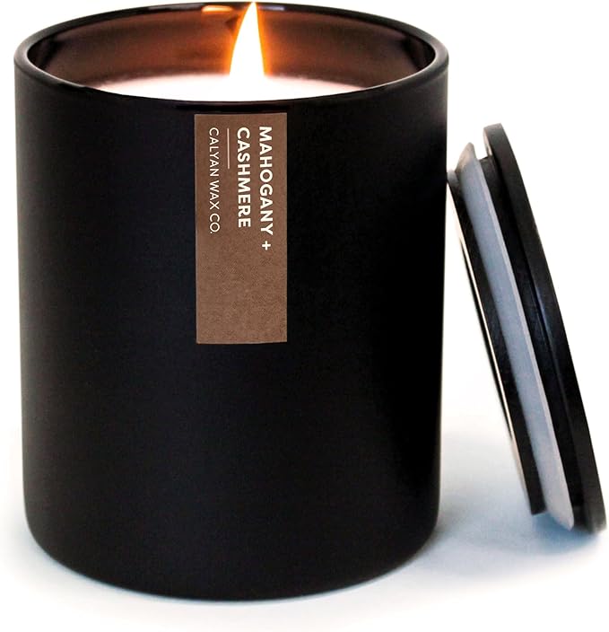 Calyan Wax Co. Mahogany & Cashmere Scented Candle - 75 Hour Burn - Luxury Non Toxic Soy Wax Candles - Long Lasting Black Tumbler Jar Candle for Home - 10.2oz - Bloomnest