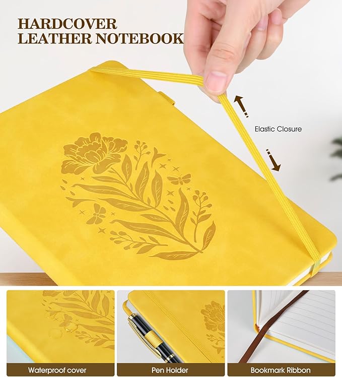 Lined Journal Notebook for Women, A5 Yellow Hardcover Leather Journals for Writing, 200 Pages Travel Daily Journal,Thick College Ruled Notebook for Work School, Note Taking, Business 5.75'' X 8.38'' - Bloomnest