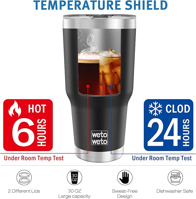 WETOWETO 30 oz Insulated Tumbler With 2 Lids and 2 Straws, Stainless Steel Double Vacuum Coffee Tumbler Cup, Powder Coated Travel Mug for Home, Office, Travel, Party (Black, 1 Pack) - Bloomnest