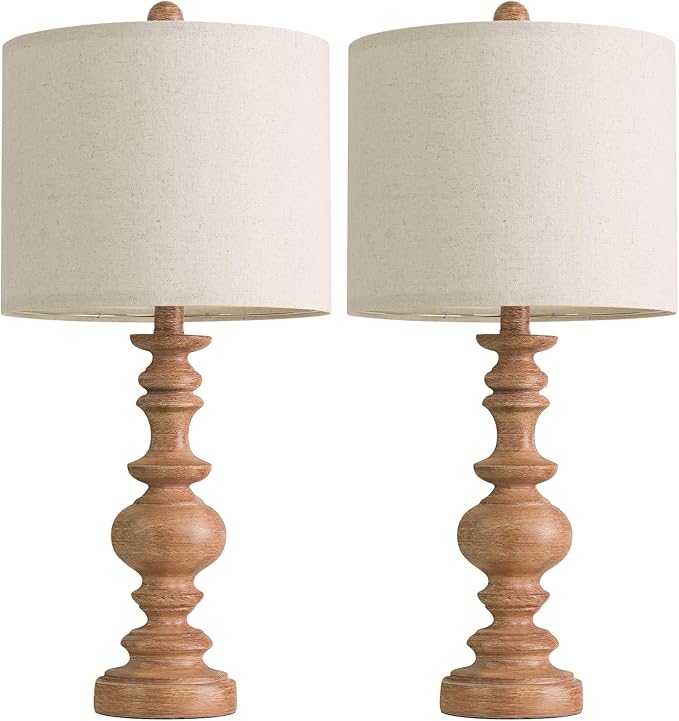 BOBOMOMO 24" Farmhouse Table Lamps Set of 2 – Rustic Light Brown Resin Bedside Lamps with Linen Shades, Medium Size Nightstand Lamps for Bedroom, Living Room, and Entryway, Ideal for Warm, Cozy Spaces - Bloomnest