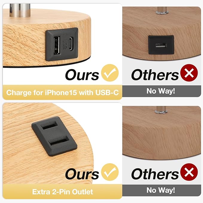 Fenmzee Bedside Table Lamp for Bedroom - 3 Way Dimmable Touch Lamp USB C Charging Ports and AC Outlet, Small Lamp Wood Base Round Flaxen Fabric Shade for Living Room, Desk, LED Bulb Included - Bloomnest