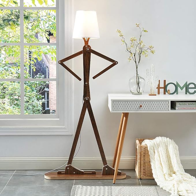 Cool Decorative Tall Floor Lamp Wood Swing Arm Standing Corner Reading Lights for Kids Bedroom Living Room Farmhouse - LED Bulb Included (Teak) - Bloomnest