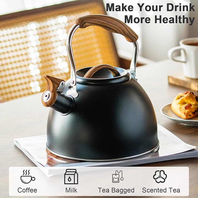 3.2 Quart Whistling Tea Kettle for Stove Top Stainless Steel Tea Pots With Wood Pattern Anti-slip Handle, Black… - Bloomnest