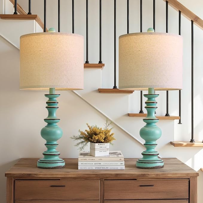 BOBOMOMO 24" Farmhouse Table Lamps Set of 2 – Distressed Teal Lamps with Linen Shades, Cottage Style Bedside Lamps for Bedroom, Living Room, or Entryway, Medium Height Lamps with Coastal Vintage Charm - Bloomnest