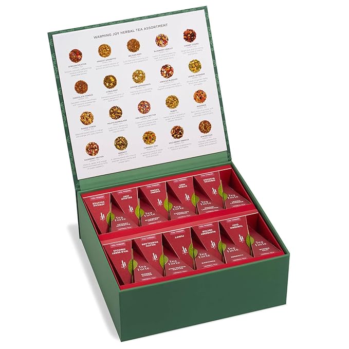 Tea Forte Warming Joy Holiday Herbal Premium Tea Chest Gift Sampler, 40 Count, 2 of each Variety Blend Individually Wrapped Handcrafted Pyramid Infuser Bags - Bloomnest