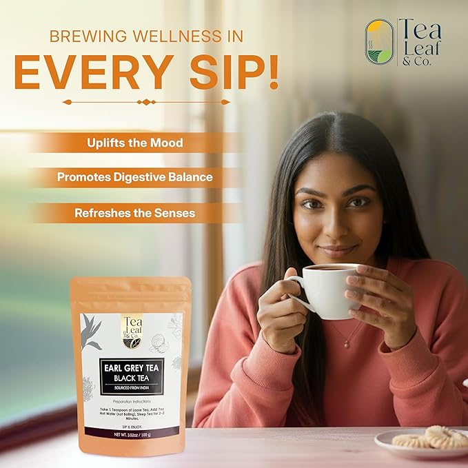 Tealeaf & Co. Earl Grey Black Tea Blended with Bergamot Extract (Loose Leaf Form) - Premium Sweet & Sour Flavored Tea - Contains Low Caffeine - Upto 50 Servings (3.52oz/100gm) - Bloomnest
