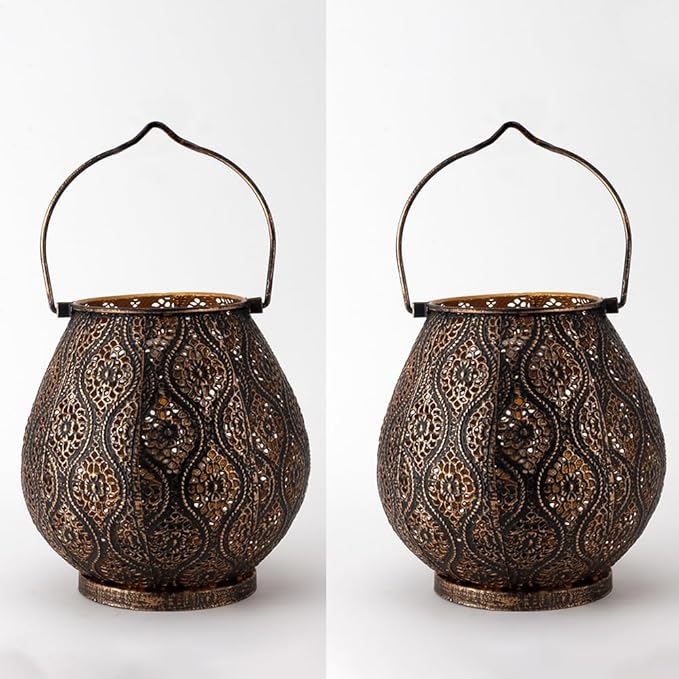 TRIROCKS Set of 2 Moroccan Decorative Lamps 8'' High Cordless Lamp Metal Table Lamps with Fairy Lights Bulb for Home Living Room Garden Yard Party Events Tabletop Indoor Outdoor(Black) - Bloomnest