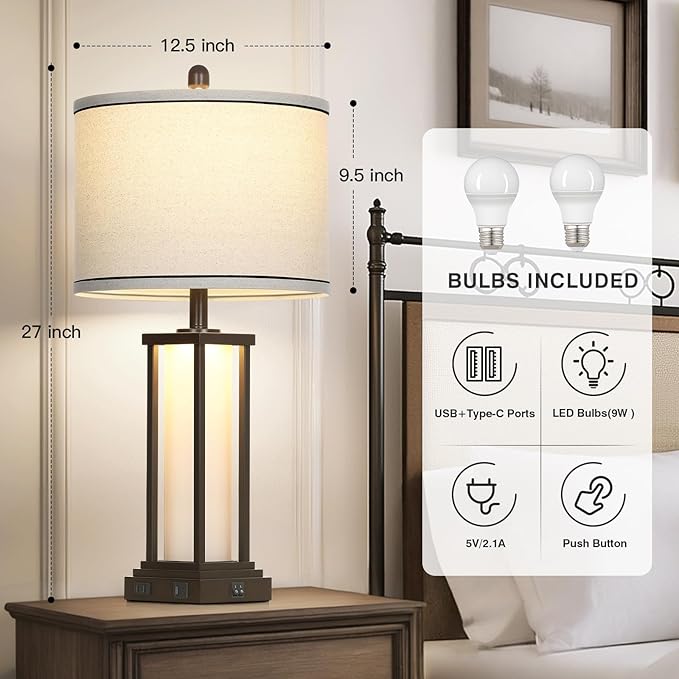 27" Tall Vintage Table Lamps with USB C+A & Outlet,Brown End Table Lamp Set of 2 for Living Room,Rustic Bedside Lamps with Frosted Glass Night Light for Bedroom Nightstand,Oil-Rubbed Bronze - Bloomnest