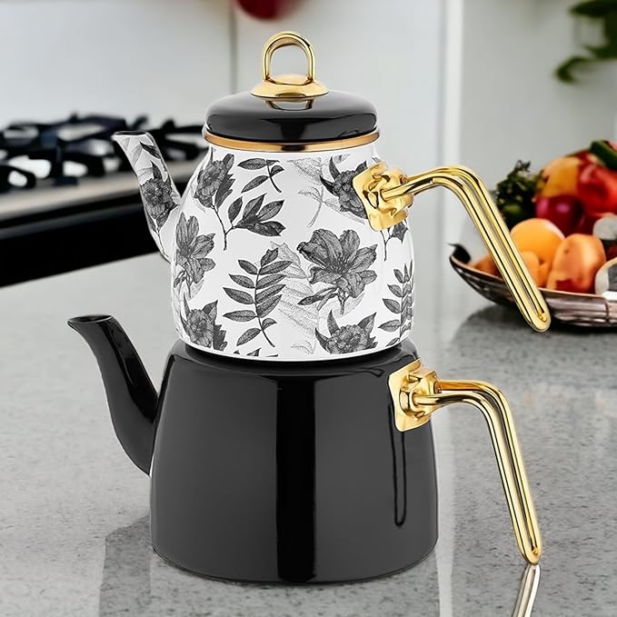 Vintage Turkish Teapot Tea Pots Kettle Set for Stovetop Stove Top Decorative Infuser Party Cups Glasses Floral Unique Boiler Samovar Strainer Loose Leaf Kitchen Style Enamel Decor (White-Black) - Bloomnest