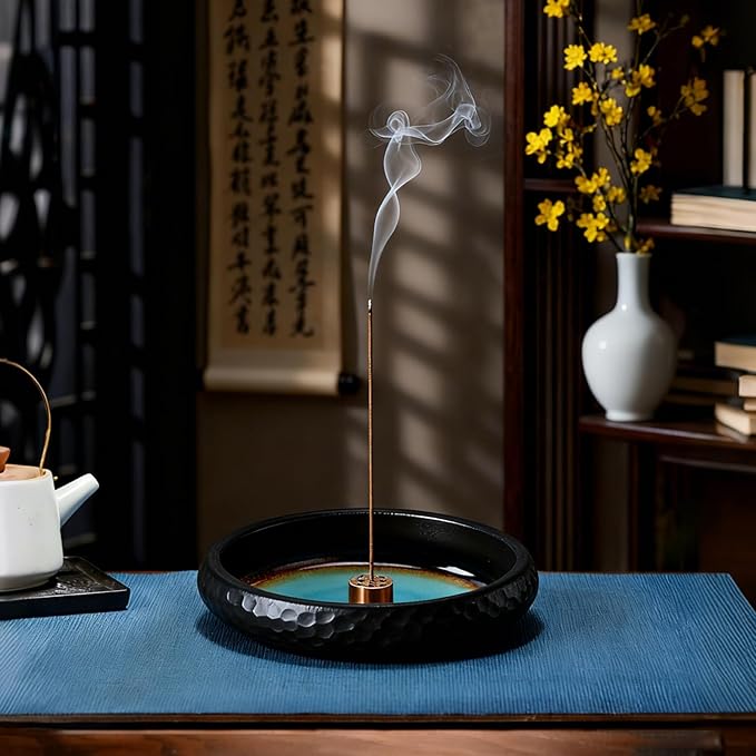 Ceramic Incense Burner,Handmade Incense Stick Incense Burner Reflux Burner,Sage, Coil Incense, Ash Catcher, Smudge Bowl for Yoga Meditation Room Décor,Crack Blue - Bloomnest