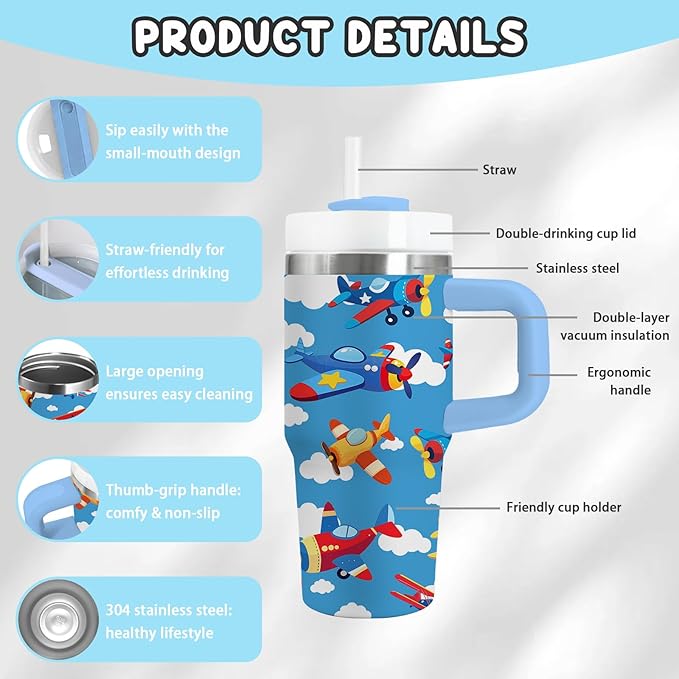 Airplane Gifts for Boys - 14oz Blue Kids Helicopter Airplane Tumbler with Handle and Straw, Stainless Steel Insulated Water Cup, for Sport, School - Airplane Themed Children Birthday Gifts Cup(1pc) - Bloomnest