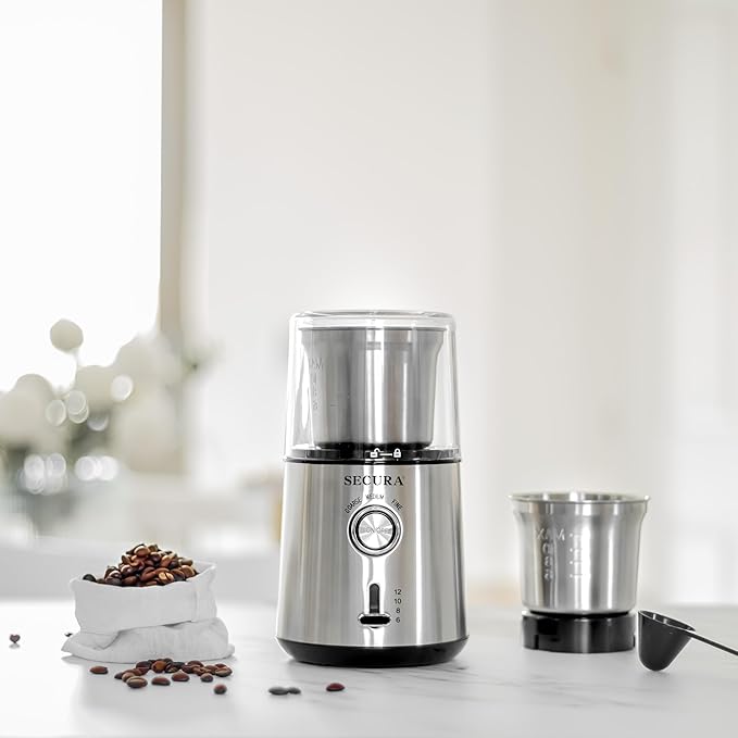 Secura Electric Coffee Grinder and Spice Grinder with 2 Stainless Steel Blades - Bloomnest