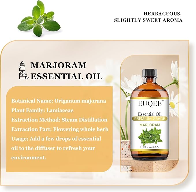 EUQEE Marjoram Essential Oil 118 ml Large Bottle Premium Marjoram Oil with Glass Dropper Great for Diffusers, Soap Candle Making - 4 oz - Bloomnest
