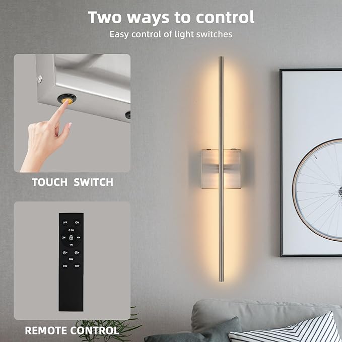 Rechargeable Battery Operated Wall Sconces set of 2, Brushed Nickel Wireless Wall Sconce with Remote Control, 3000K-6000K Dimmable LED Wall Light for Living Room Hallway Bedroom Stairs, 29 Inchs - Bloomnest