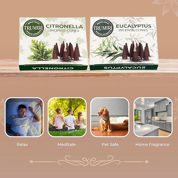 TRUMIRI Incense Cones - Combo Pack of 20 - 10 Citronella + 10 Eucalyptus Scented Cones TRUMIRI