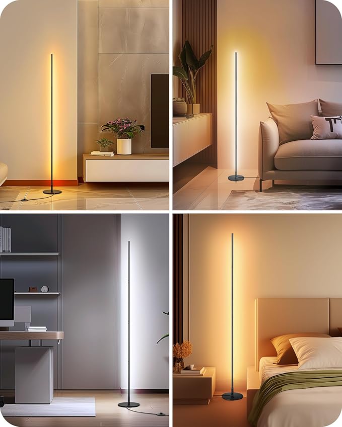 EDISHINE Corner Floor Lamp, Dimmable LED Light with Remote, 3 Color Temperature 3000K-4500K-6000K, 57.5" Modern Black LED Floor Lamp for Bedroom, Living Room, Office - Bloomnest