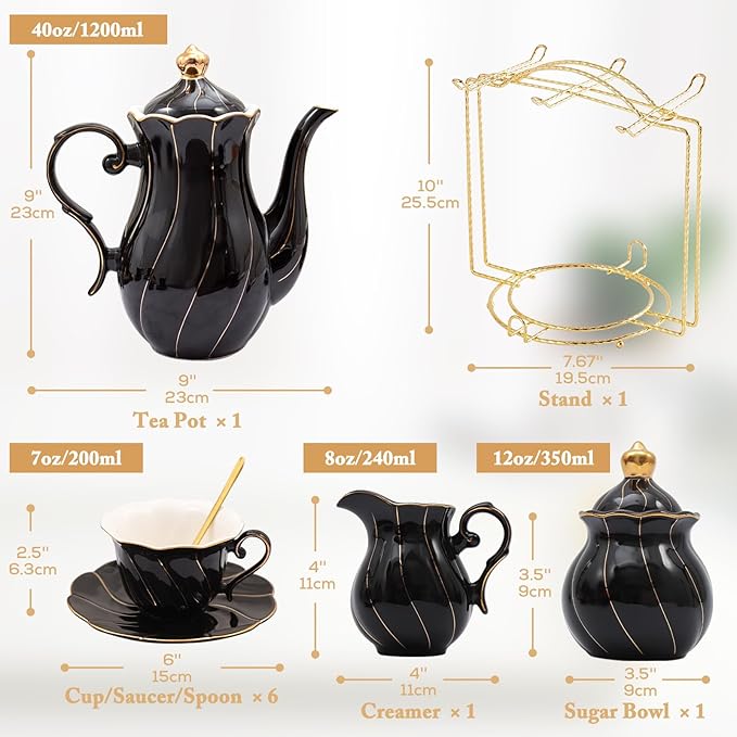 DUJUST 22 pcs Porcelain Tea Set for 6, Luxury British Style Tea/Coffee Cup Set with Golden Trim, Beautiful Tea Set for Women, Tea Party Set, Gift Package (Including a Stand) - Black - Bloomnest