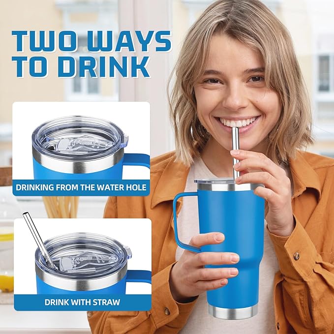 20 oz Tumbler with Handle Stainless Steel Insulated Coffee Mug Tumbler with Lid and Straw Double Wall Vacuum Insulated Coffee Mug Leak Proof Travel Mug Tumbler for Hot and Cold Drink (Sea Blue,1pack) - Bloomnest