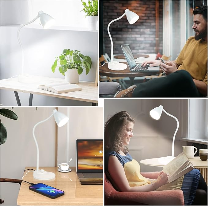BOHON LED Desk Lamp with USB Charging Port, 3 Color Modes Dimmable Reading Lamp, Auto Dimming Task Lamp, Flexible Gooseneck Table Light for Dorm Bedside, Adapter Include, White - Bloomnest