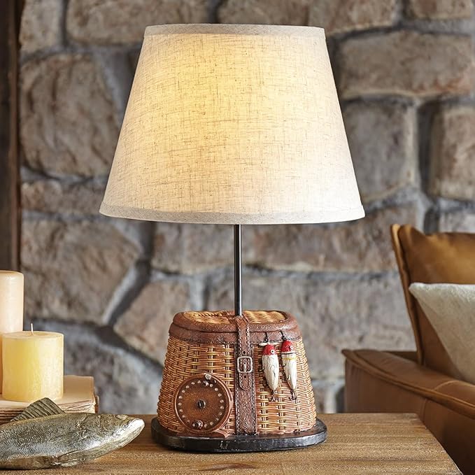 BLACK FOREST DECOR Fishing Creel Accent Lamp - Rustic Lodge Table Lamp with Woven Look - 20.25" x 13.15" - Bloomnest