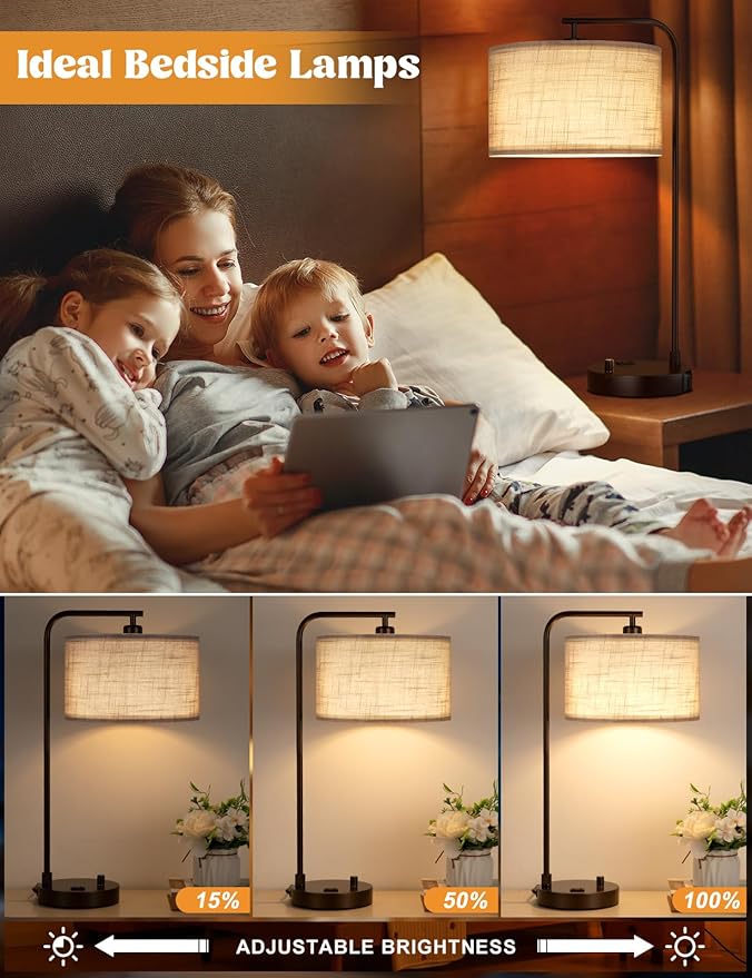 Innqoo Gray Tall Table Lamp with USB Port and Outlet, Dimmable Nightstand Bedside Lamps with Linen Lampshade, Desk Lamp for Bedroom, Living Room, Guest Room, Home Office, LED Bulb Included - Bloomnest