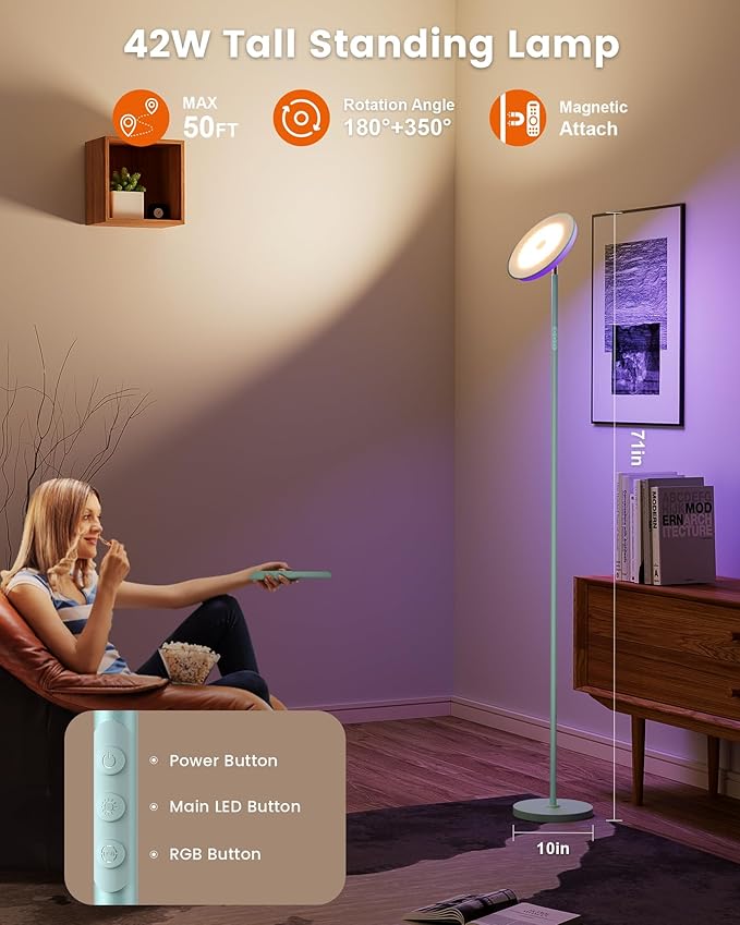 Bright Floor Lamp for Living Room, 42W LED Room Lights with Remote, 3700LM RGBW Modern Tall Standing Light, Color & Brightness Dimmable, UFO Ring Lamp,1/2/3H Timer for Bedroom,Office(Blue - Bloomnest