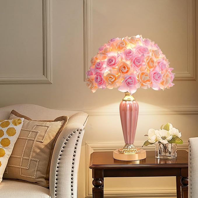 Pink Flowers Lamp Beautiful Yellow Flower Bedside Lamp Romantic Rose Bouquet Table Lamp for Wedding Girl Bedroom Valentines Dating Living Room Hotel Office Endtable - Bloomnest