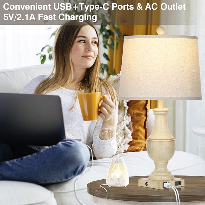 Farmhouse Lamps Set of 2, Vintage Rustic 3-Way Dimmable Touch Control Table Lamp with USB A+C Charging Ports & AC Outlet, Retro Resin Bedside Lamp Linen Shade for Bedroom Office Antique White - Bloomnest
