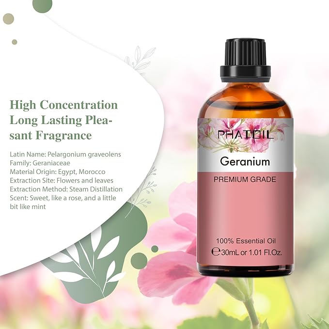 Geranium Essential Oil 1.01fl.oz/30ml, PHATOIL Premium Geranium Oils Long Lasting Scents for Aromatherapy, Diffuser, DIY Soap and Candle Making PHATOIL