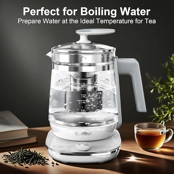 Electric Kettle, 1.5L Borosilicate Glass Hot Water Kettle Electric & Tea Kettle for Coffee or Tea, BPA Free, Auto Shut-Off, Stainless Steel, White, 1200w - Bloomnest