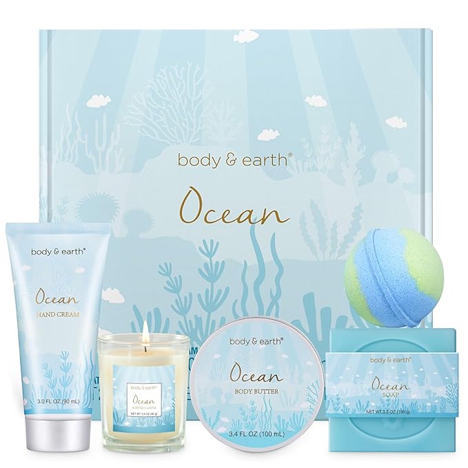 Gifts for Women, Bath and Body Womens Gift Sets with 5 Pcs Ocean Scented Spa Gifts for Women Bath Gift with Scented Candle Body Butter Hand Cream Bath Bomb Valentine‘s Day Gifts - Bloomnest