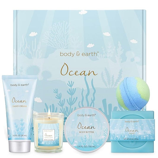 Gifts for Women, Bath and Body Womens Gift Sets with 5 Pcs Ocean Scented Spa Gifts for Women Bath Gift with Scented Candle Body Butter Hand Cream Bath Bomb Valentine‘s Day Gifts - Bloomnest