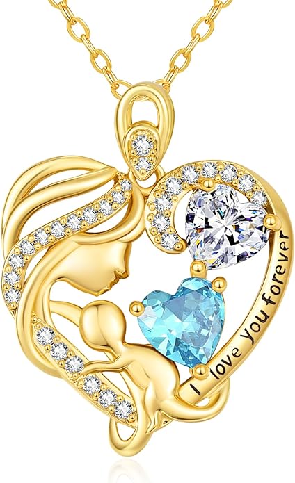 14K Gold Double Birthstone Heart Necklace for Women Mom, Mother Son/Daughter Pendant Necklace for Christmas Mother's Day Birthday Gifts for Wife Daughter Grandmom - Bloomnest
