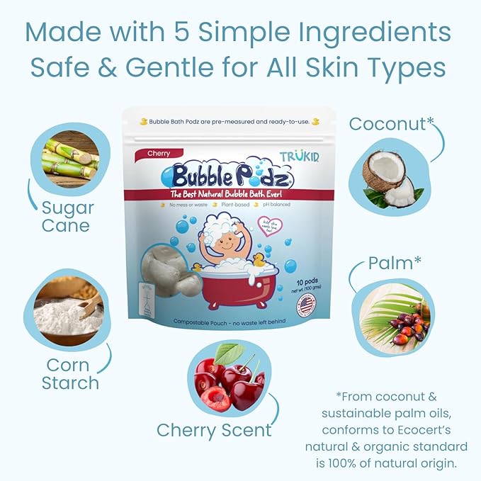 TruKid Bubble Podz Bubble Bath for Kids, Toddlers, & Babies, Tear Free Gentle & Refreshing Bath Bomb for Sensitive Skin with Natural Moisturizers, Non-Toxic, pH Balanced, Cherry Scent (24 Podz) - Bloomnest