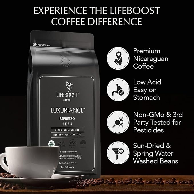 Lifeboost Organic Espresso Whole Bean Coffee - Low Acid Espresso Coffee, Non-GMO, USDA Organic, Single Origin, Third-Party Tested for Mycotoxins & Pesticides - 12 oz, Pack of 3 - Bloomnest
