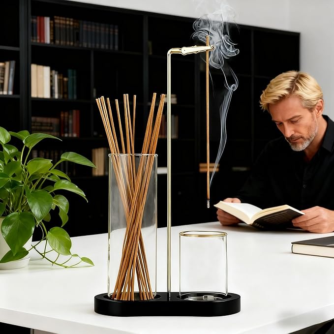 Glass Incense Holder, Incense Sticks Burner Holder with Storage,Hang Upside Down Incense Holder for Sticks with Glass Ash Catcher for Meditation Yoga Spa Room Decor (Black Color) - Bloomnest