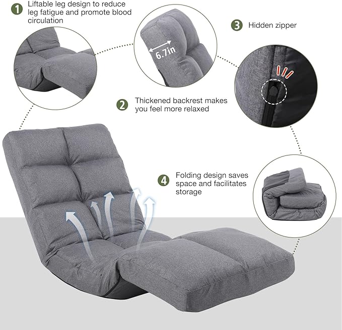 Floor Chair with Footrest Adjustable Backrest with 14 Positions Footrest 5-Position Adjustment Foldable Floor Gaming Chair for Easy Storage Linen Fabirc Chaise Lounge 086 (Grey)